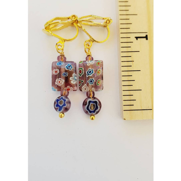 Clip on Earrings Purple and Blue Millefiori 1 Inch with gold tone clips Handmade - Picture 2 of 2